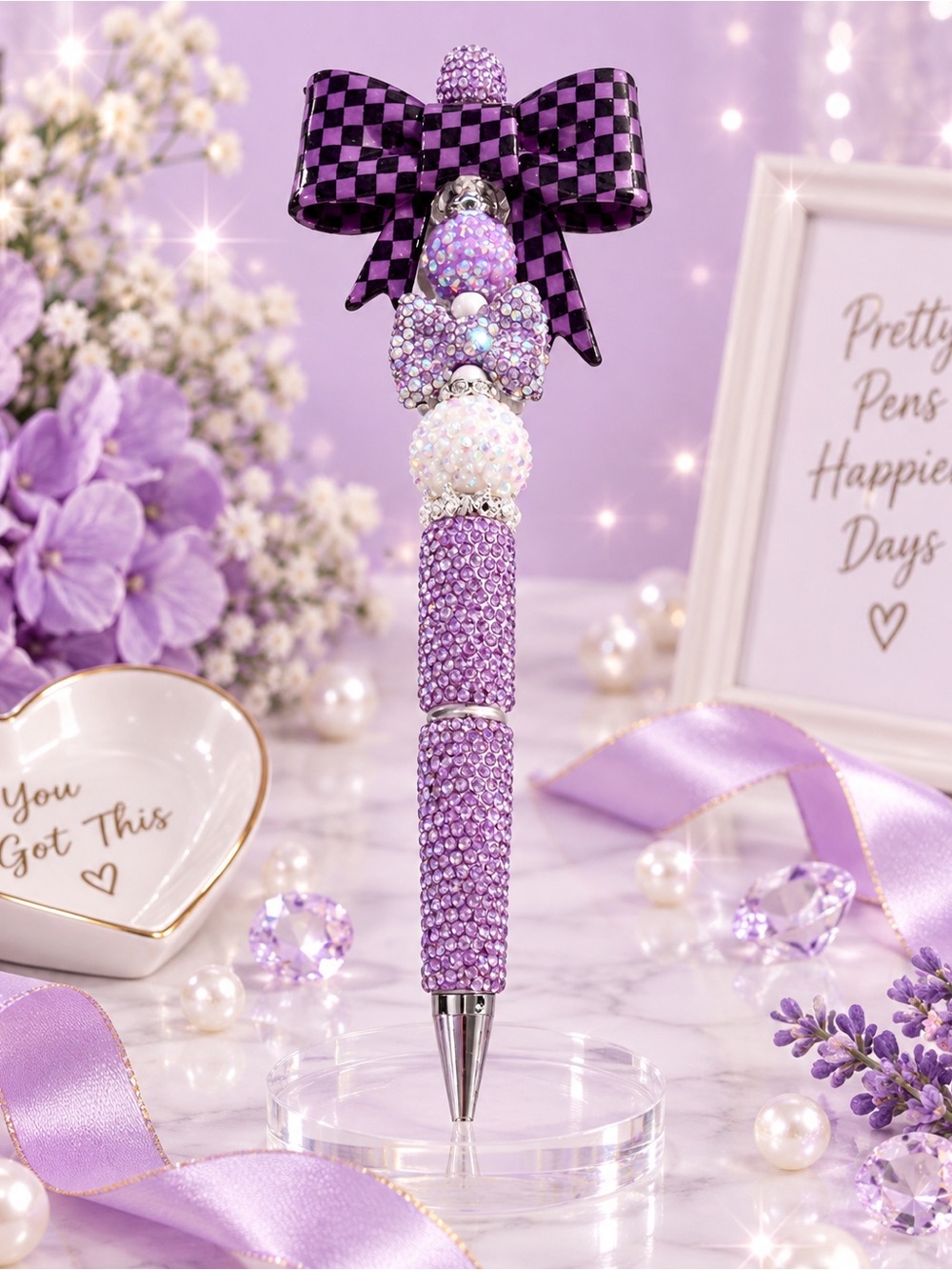 Hand Crafted Lavender Crystal Bow Ballpoint Pen
